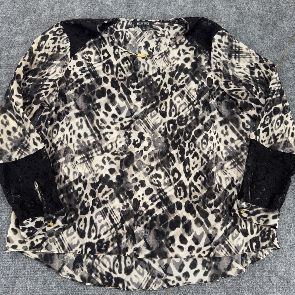 Ellen Tracy Leopard Print Lace Trim Blouse Grey Black White Size XL